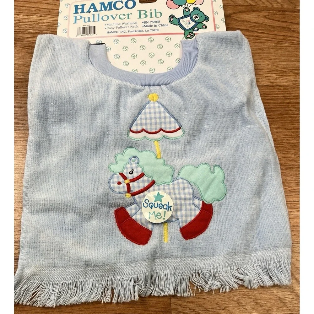 Vintage 90s Hamco Pullover Towel Bib with Squeaker Blue Terrycloth Horse NEW
